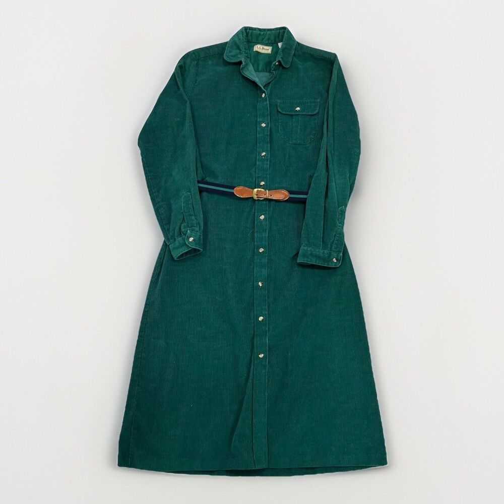 L.L. Bean Corduroy Shirt Dress Size 14 Vintage 90s Teal Blue Green Belted Midi